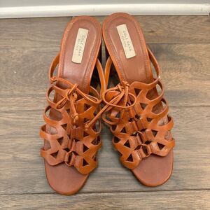 Cole Haan Brown Leather Lace Up Slip On Stacked Heel Sandals - Size 8 - EUC